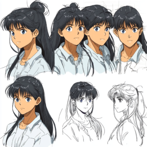 Case study illustration for anime character development showing stages from sketches to final renderings.