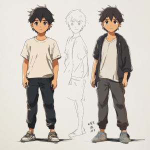 Case study illustration comparing original manga sketches with final animated character design.