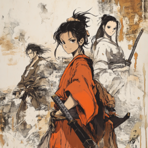 Timeline illustration of anime character origins from traditional Japanese art to modern animation.