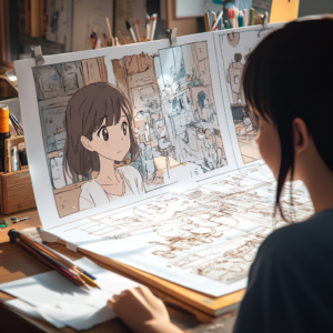 Case study illustration for anime creators interview showcasing production process stages.