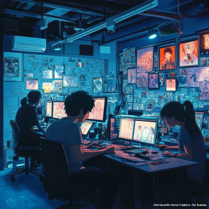 Exclusive extra illustration for anime creators interview showing a collaborative creative workspace with artistic tools.