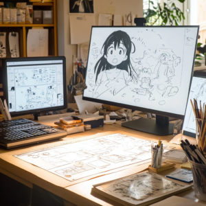 Intro image for anime creators interview showcasing a creative workspace with artistic tools.