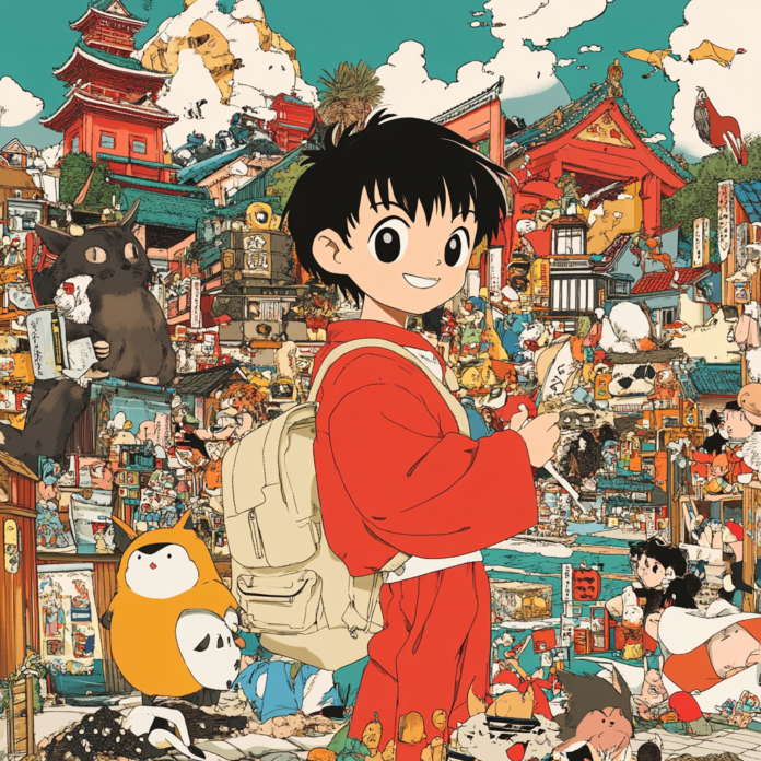 Anime economic growth illustration showcasing diverse revenue streams from merchandise, tourism, and digital platforms