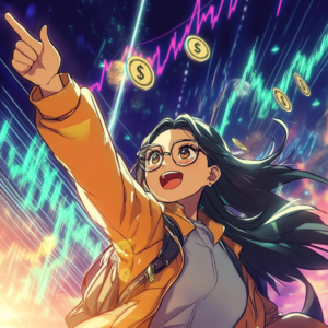 Anime economic growth illustration combining anime characters with economic graphs and revenue icons.