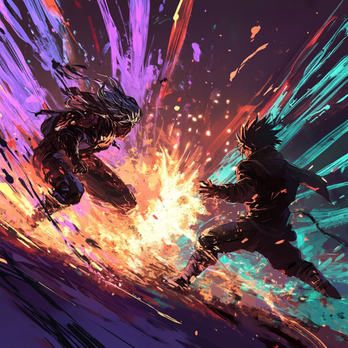 Exclusive extra illustration for anime fights featuring dynamic action and vibrant digital effects.