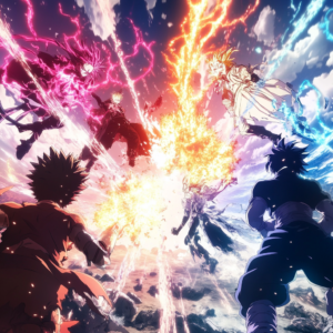 Dynamic anime fight intro image with explosive visuals and iconic battle poses.