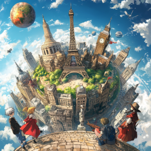 Anime global culture illustration featuring iconic anime characters and international landmarks.