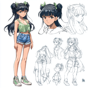 Case study illustration for anime merchandise showcasing development stages from concept to final product.