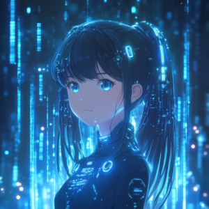 Futuristic illustration for anime season previews with digital effects and futuristic elements.
