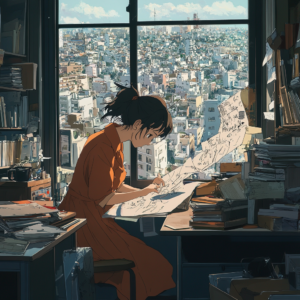 Case study illustration for anime storytelling showing stages from concept to final production.