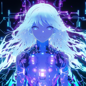 Exclusive illustration for anime streaming showcasing a fusion of traditional and futuristic digital elements.