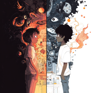 Case study illustration of influential anime fan theories with symbolic elements and interconnected imagery.