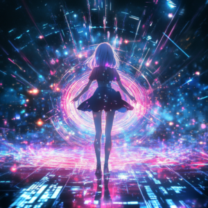 Futuristic illustration of anime fan theories with digital motifs and interconnected imagery.