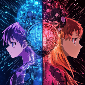 Illustration of diverse anime fan theories with dynamic elements and symbolic imagery.
