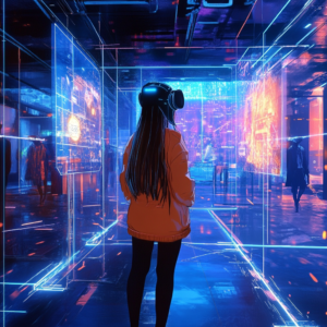 Futuristic manga to screen adaptation illustration with digital interfaces and VR elements.