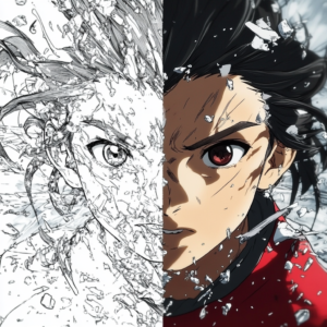 Case study illustration for anime fight scenes comparing early sketches with final digital animation.