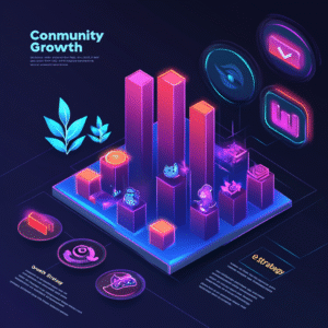 Infographic showing anime community growth strategy with upward bar chart, speech bubbles, and platform icons