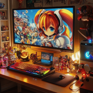 Computer monitor showing Google AdSense dashboard with rising bar chart, anime characters holding coins and affiliate icons