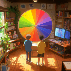 Anime characters observing a detailed color wheel in an animation studio setting