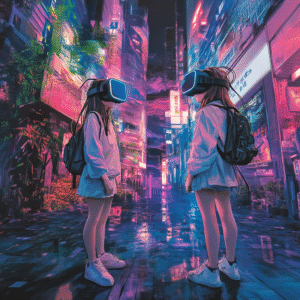 Anime VR avatars exploring a split digital world of watercolor forest and neon cyberpunk city with floating color control holograms