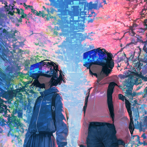 Anime characters in VR exploring a 3D environment with vibrant watercolor forest and neon city scape