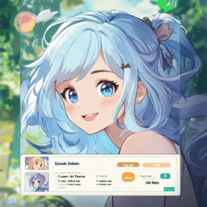Illustration of an anime forum interface with user avatars, discussion threads labeled Episode Debate, Fan Art, Theories, and navigation menu