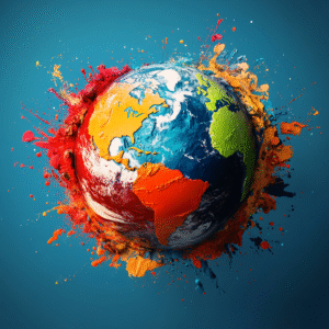 3D globe divided into regional color palettes with paintbrush and paint tube icons connected by dotted lines