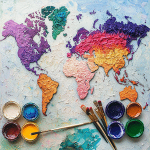 World map overlaid with regional anime color palettes representing cultural influences