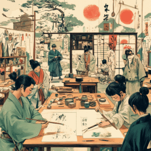 Split illustration of Japanese mangaka studio and Western oil painting atelier connected by an infinity loop of paintbrushes