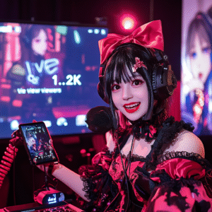 Virtual anime event live stream with main cosplayer window labeled Live Q&A, participant reactions, and active chat