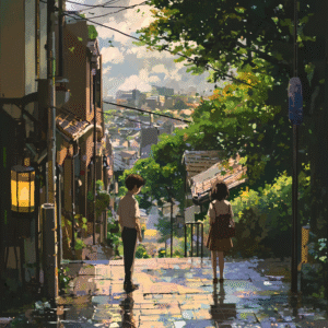 Urban anime scene blending Impressionist brushwork with cel-shaded anime art in one image